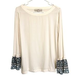 2/$30 LOFT - Off White Long Sleeve Blouse with Patterned Bell Cuffs Size SP
